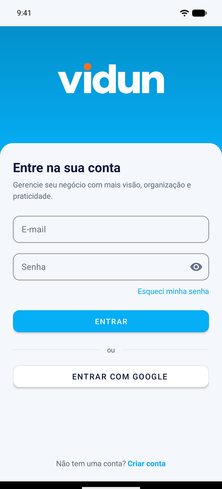 A tela de entrada do app Vidun num celular: a logo no topo azul, os campos de e-mail e senha e os botões Entrar e Entrar com Google.